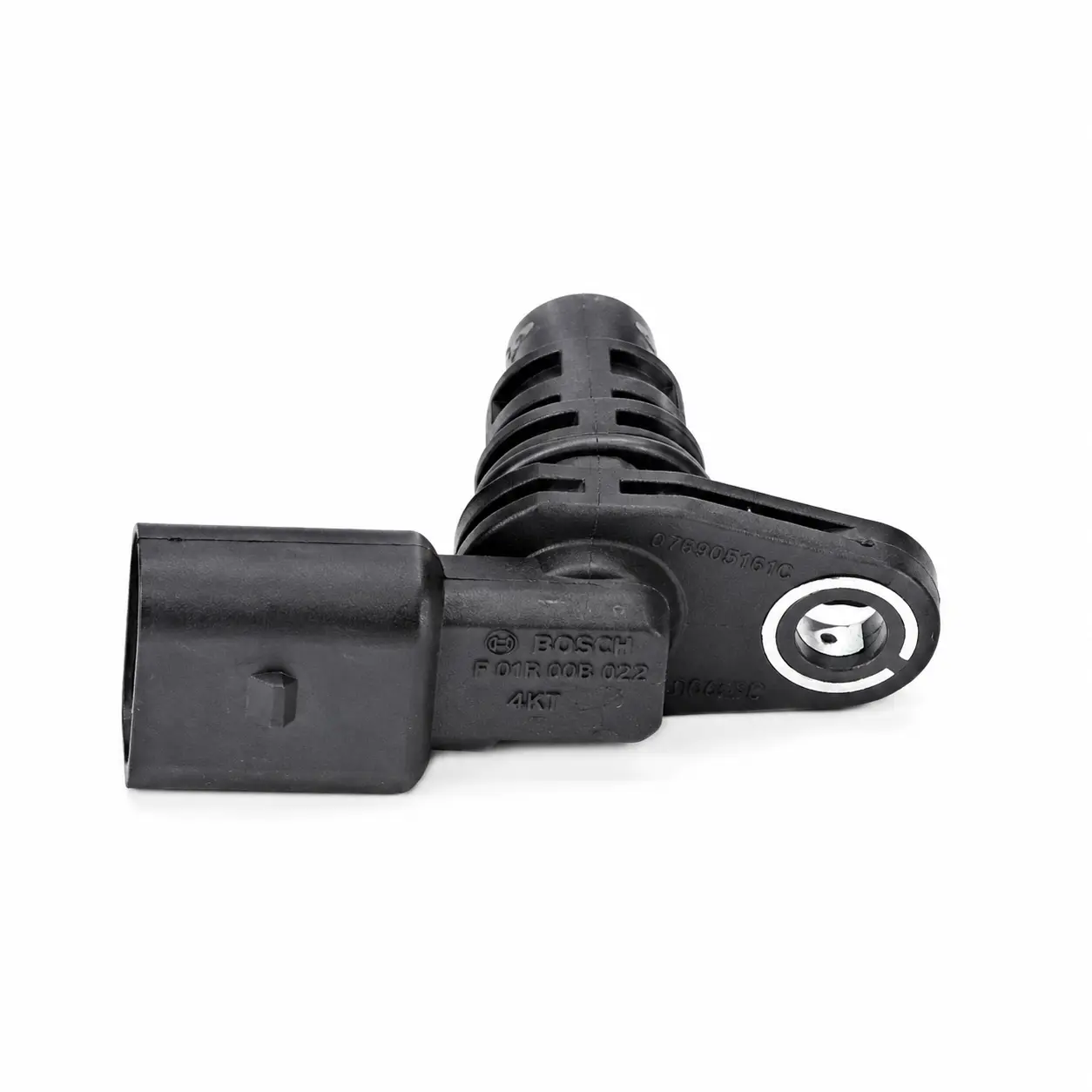 Side profile of Bosch camshaft position sensor with ribbed sensor body and connector