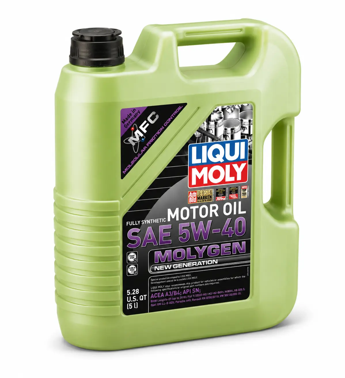 Angled view of Liqui Moly Molygen engine oil container showing green bottle design and handle