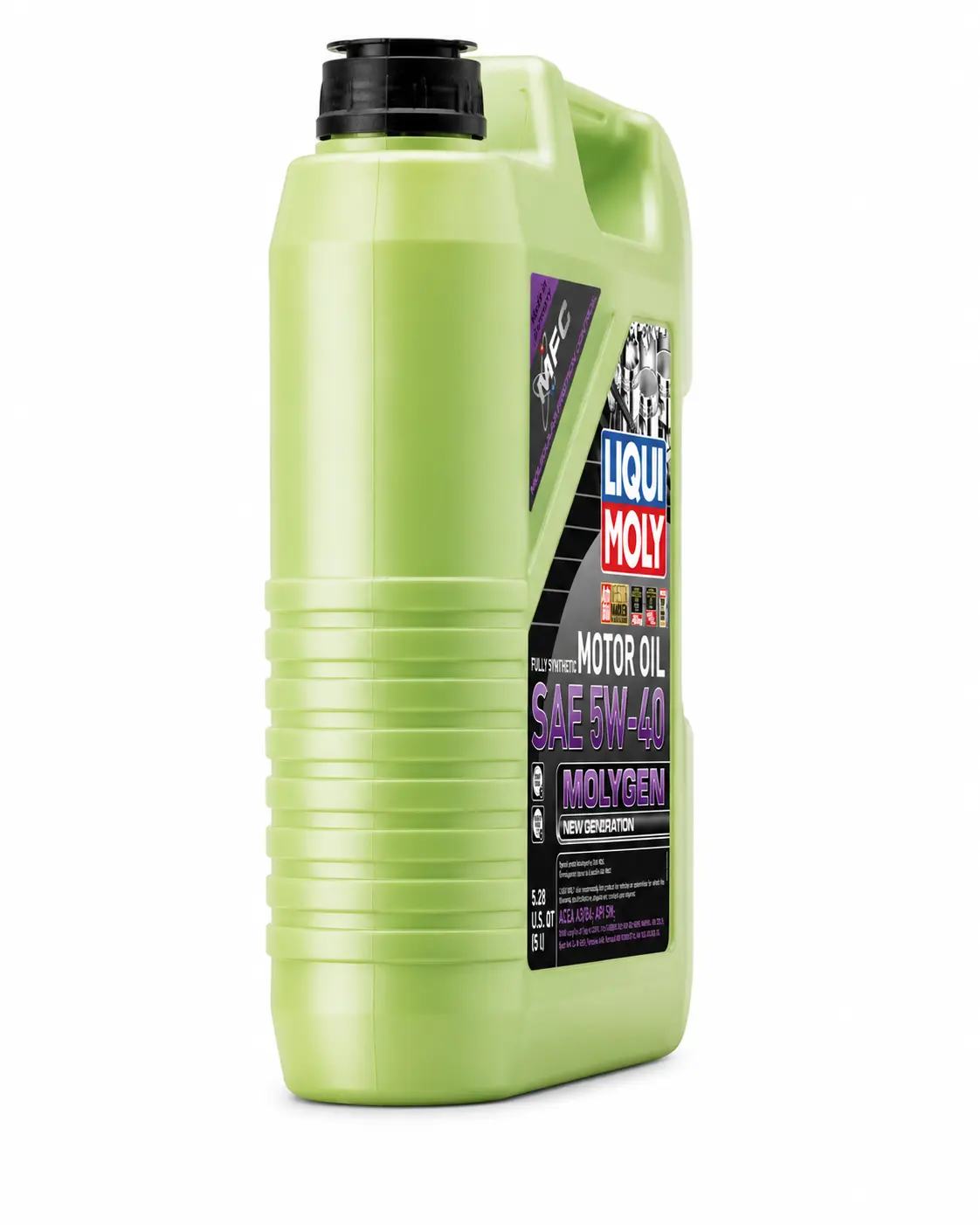 Side profile of Liqui Moly Molygen synthetic engine oil bottle with molded grip and handle