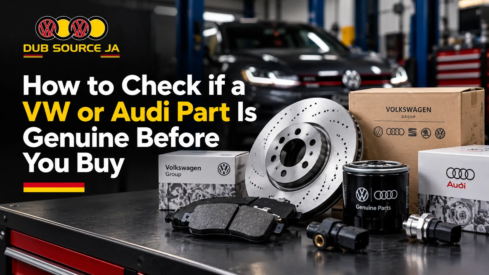 Technician checking VW and Audi part packaging and labels to spot possible counterfeit OEM parts.
