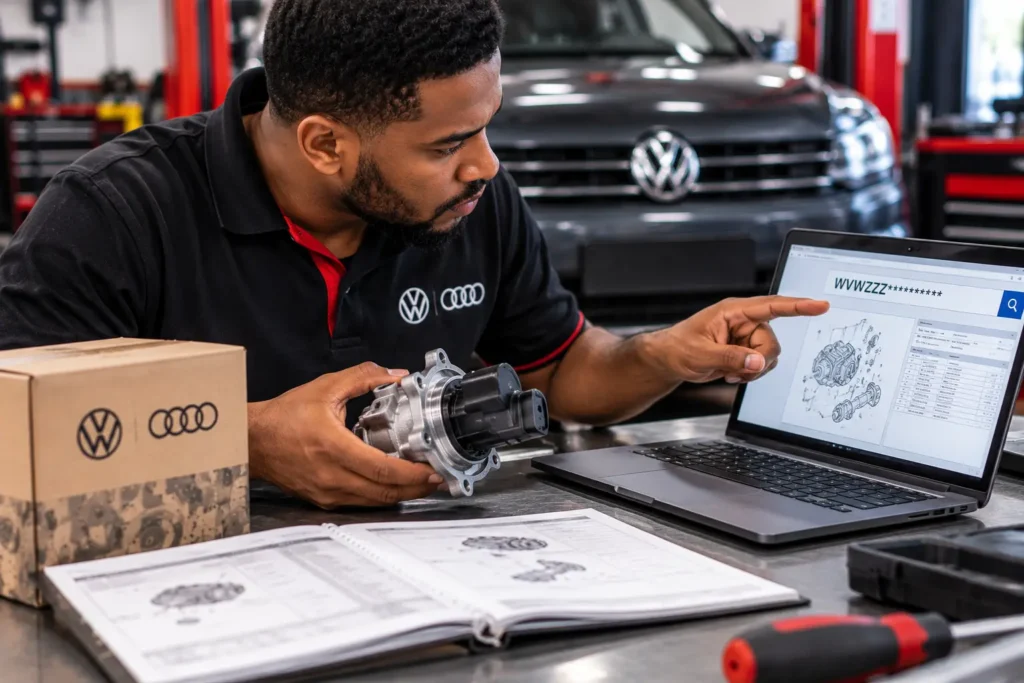 Parts specialist checking vehicle details to confirm VW and Audi replacement-part fitment.