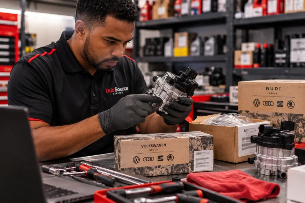 Technician inspecting a suspect automotive replacement part on a workbenc