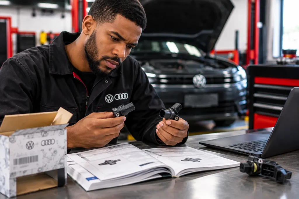 Technician comparing two similar automotive sensors and their part references.