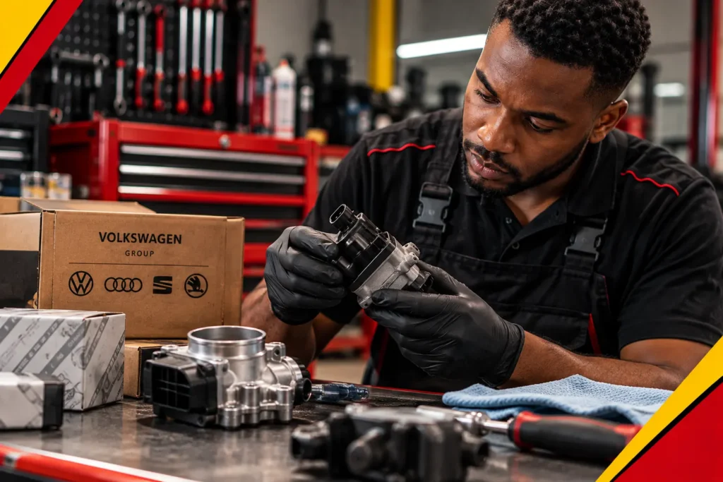 technician checking a suspect replacement part before installation.