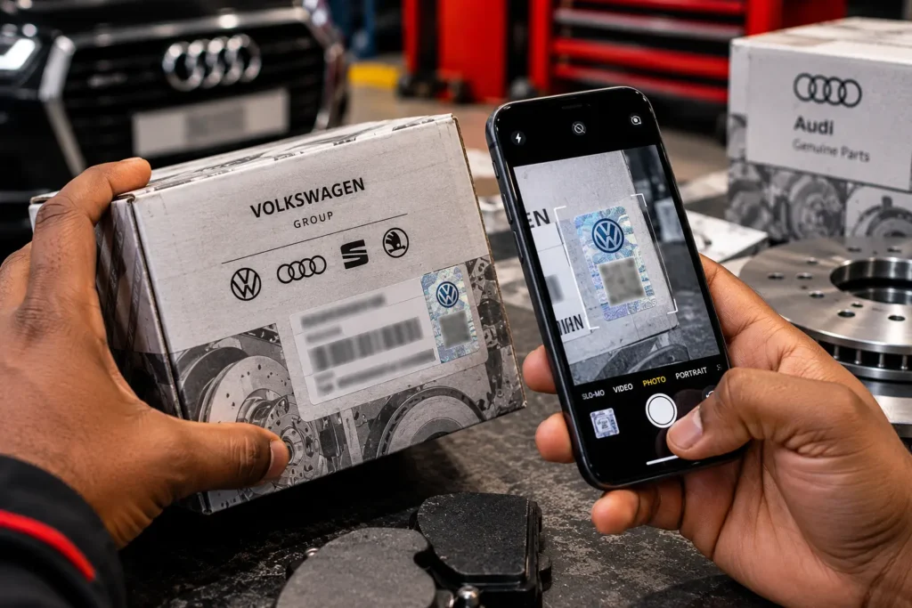 Checking a vehicle part security code with a manufacturer's official verification tool.