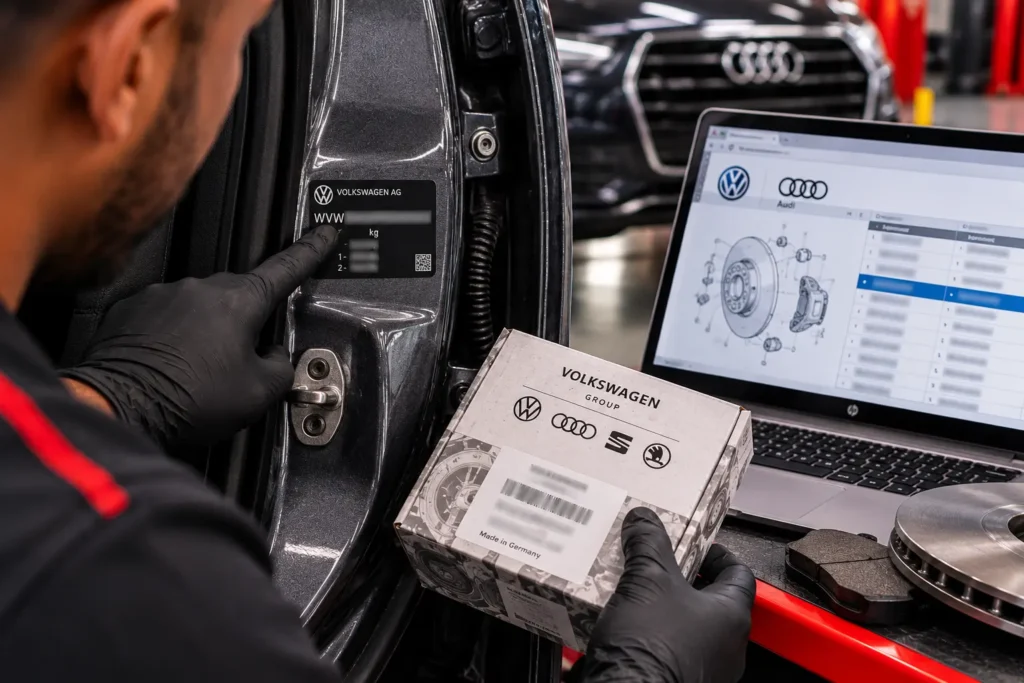 Technician comparing VW and Audi vehicle details with the correct replacement part.
