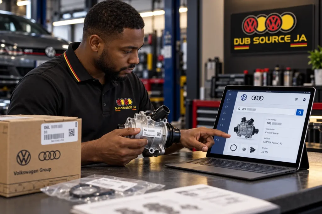 Parts specialist checking a VW or Audi replacement part number against catalogue details.