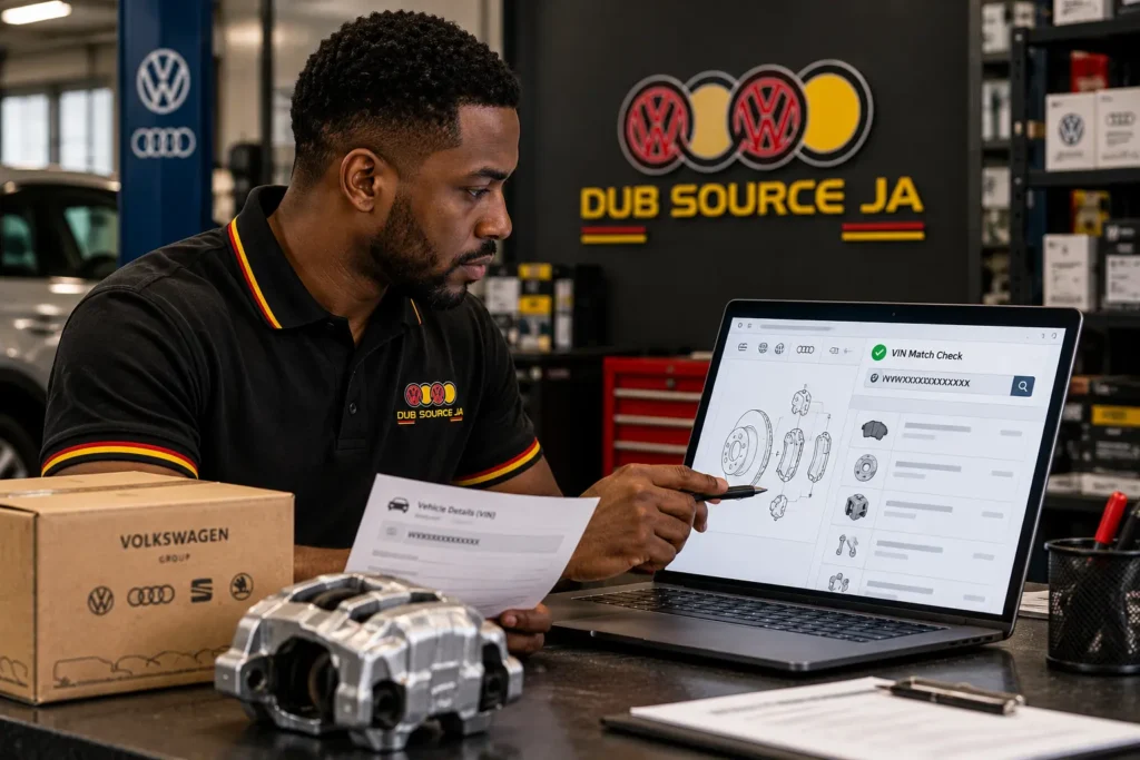 VW and Audi parts adviser checking replacement part compatibility using vehicle details.