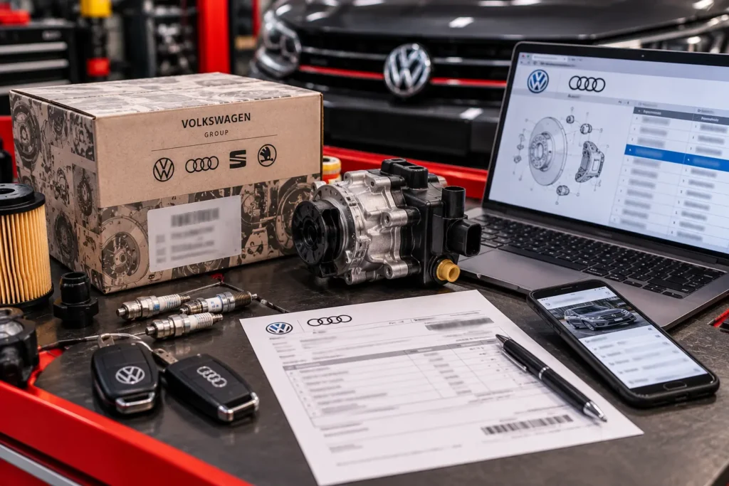 Replacement car part, invoice and vehicle details prepared for checking before purchase.