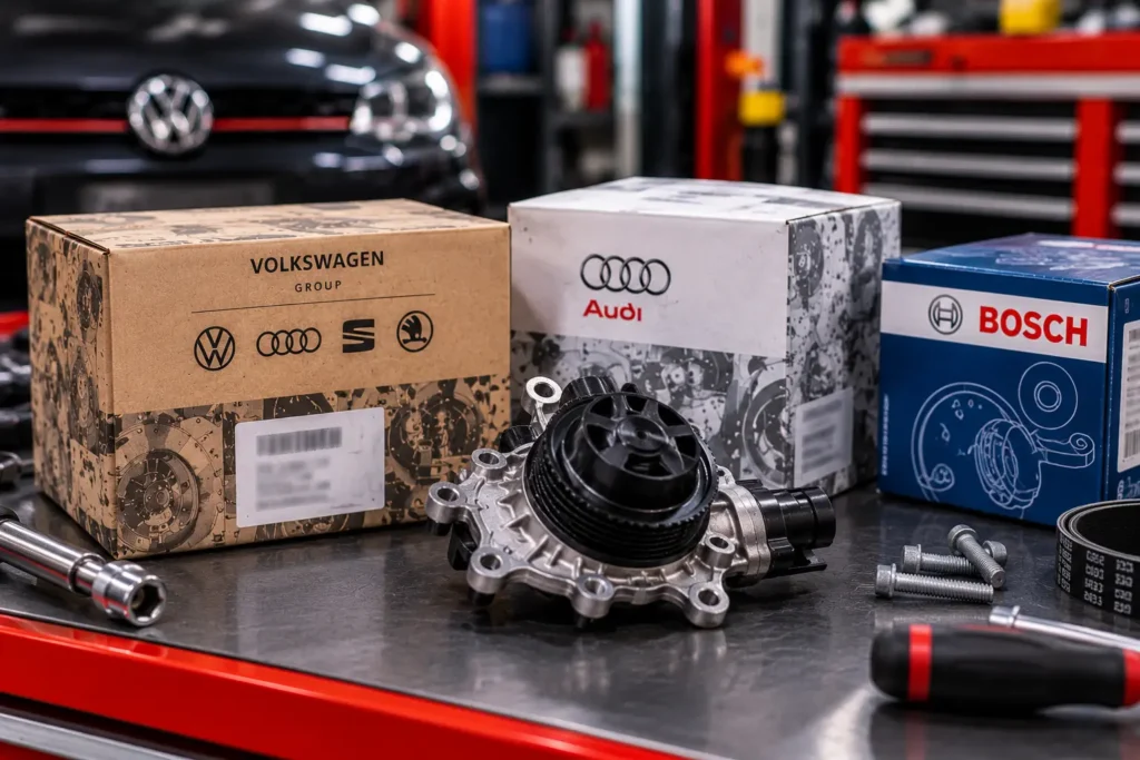 Genuine vehicle-brand and supplier-branded replacement parts shown side by side.