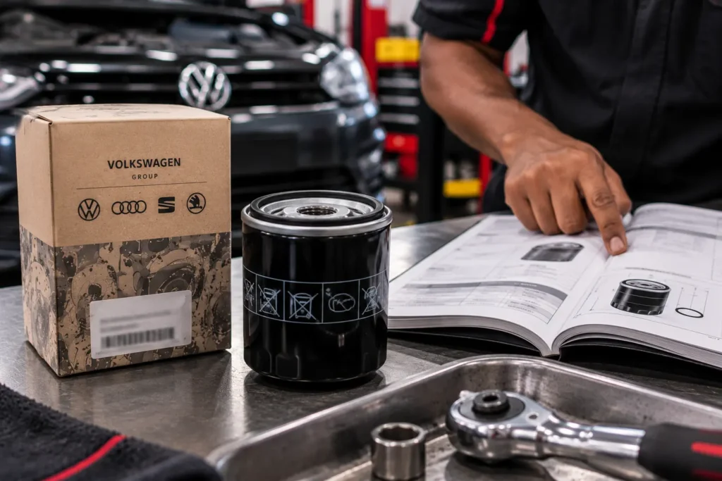 Oil filter checked against technical specifications in an automotive workshop.