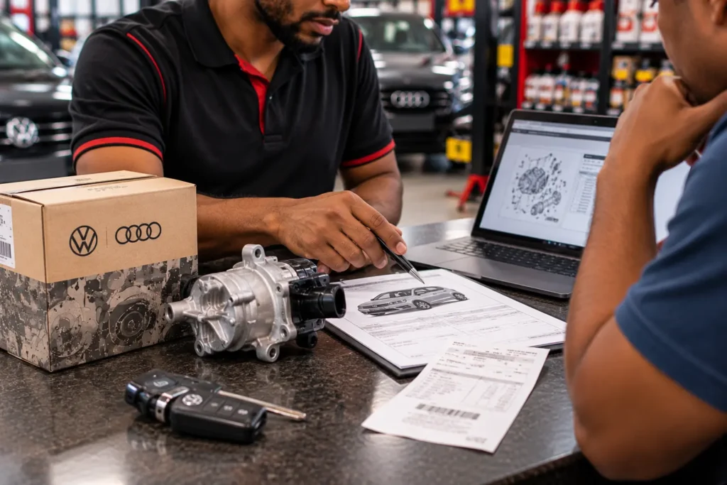Automotive replacement part, invoice and vehicle details prepared for a fitment check.