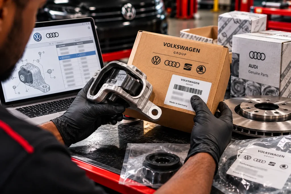 Technician inspecting car part packaging, labels, and printed markings.