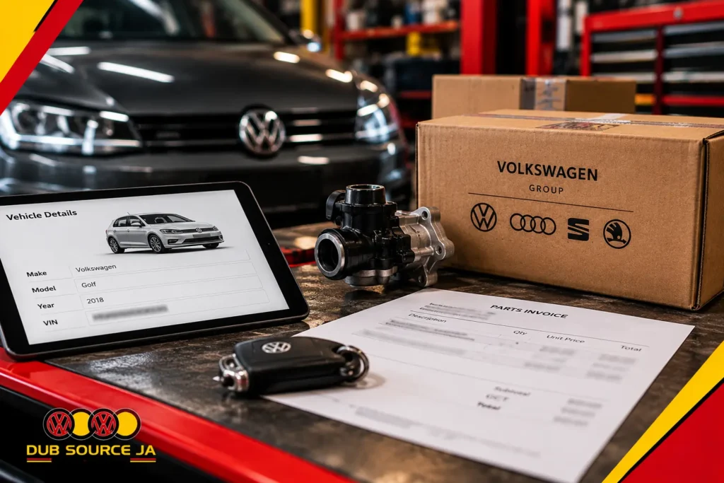 Replacement part, vehicle details and invoice ready for a fitment check.