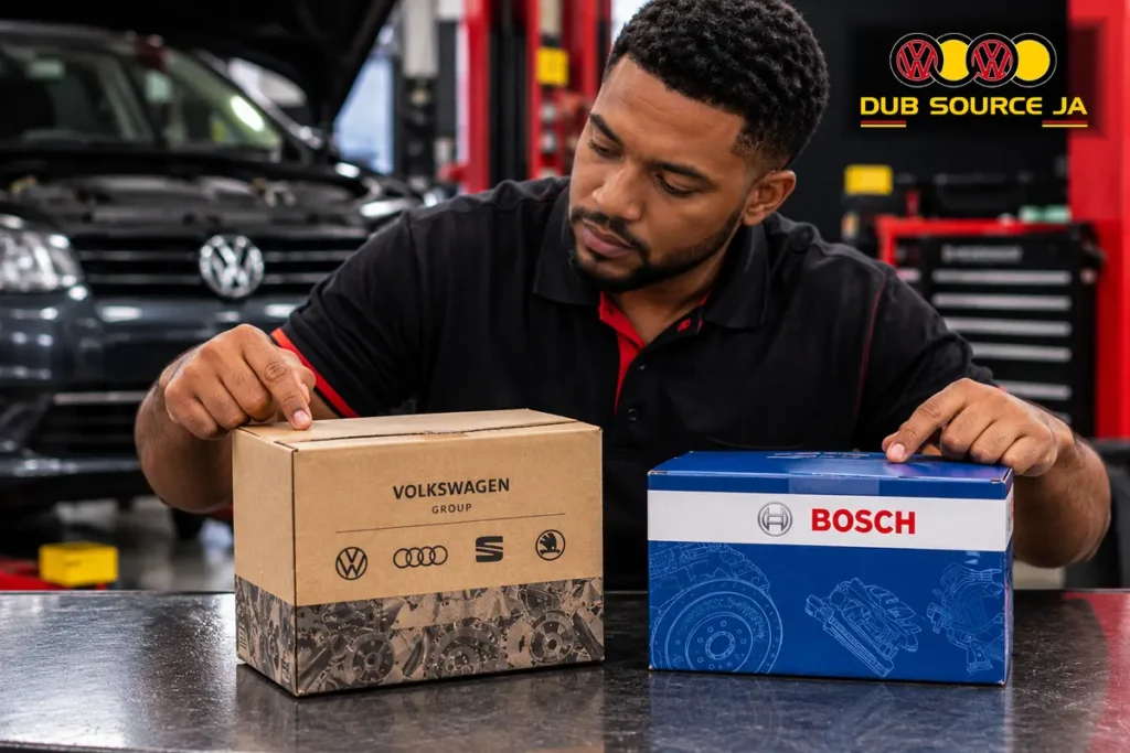 Adviser comparing vehicle-brand and OEM supplier-brand parts packaging.