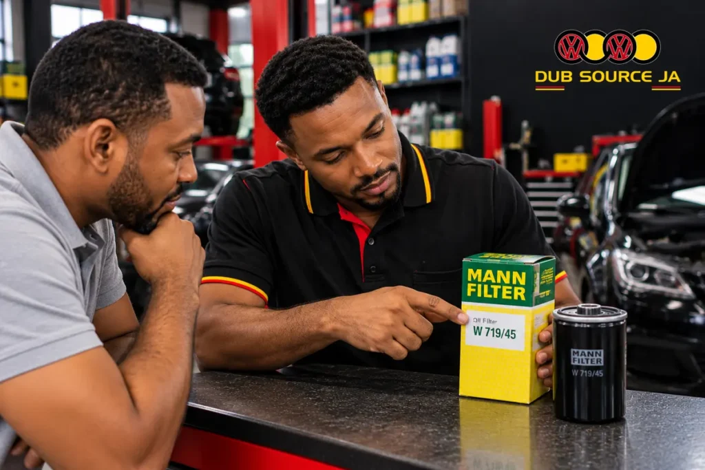 Parts specialist explaining a replacement part label and reference number.