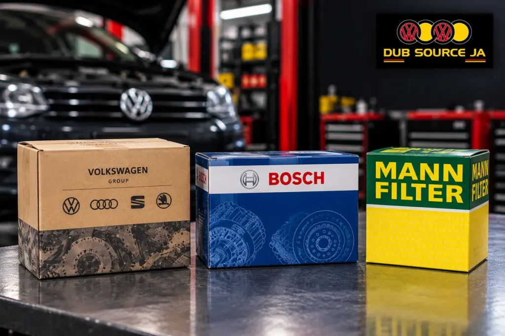 Genuine, OEM-branded and aftermarket parts shown in a clean workshop.